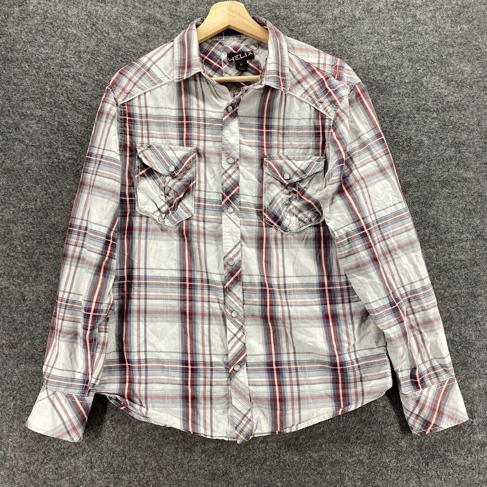 Helix Shirt Women M Medium White Plaid Button Up Collared Long Sleeve Pockets